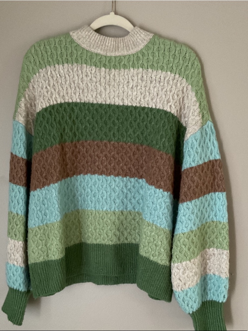 Striped Cable Knit Crewneck Sweater - Green & Blue